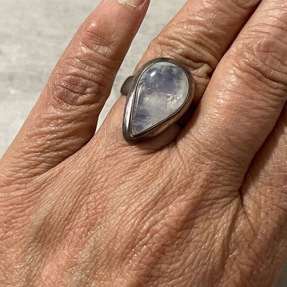Genuine Pear Shape Moonstone Bezel Set Wide 925 Sterling Silver Band Ring 6.75 - Picture 1 of 10